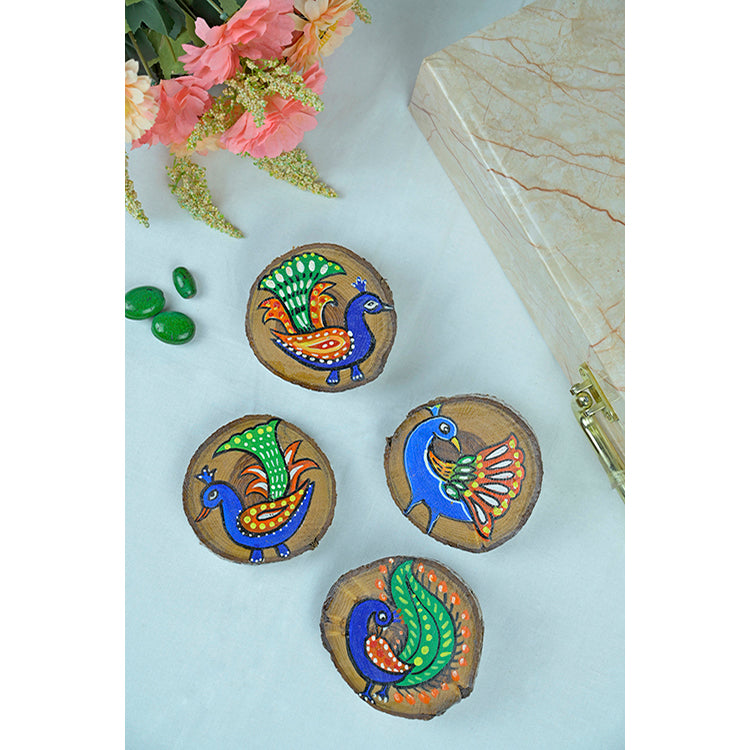 Teak Wood Handpainted Mayura Coasters- Set of 4