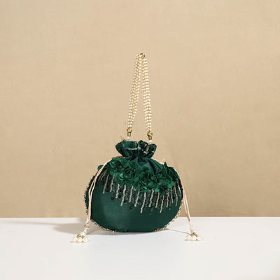 Green - Kutch Handcrafted Beadwork Silk Potli Hand Bag 22