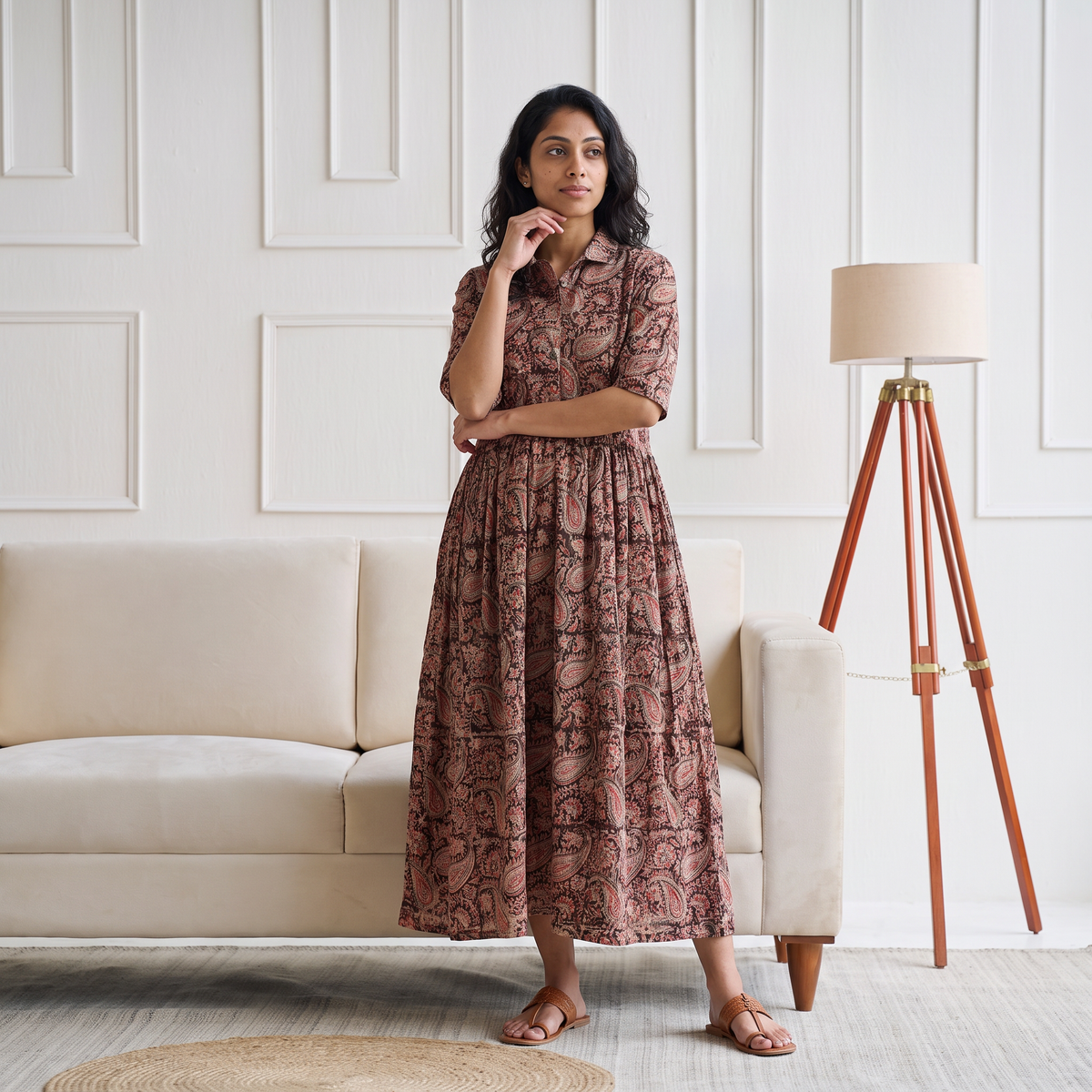 Pedana Kalamkari Hand Block Print Cotton Flared Long Dress for Women 03