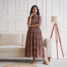 Pedana Kalamkari Hand Block Print Cotton Flared Long Dress for Women 03