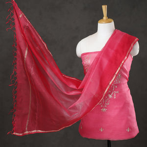 Pink - 3pc Pita Work Kota Doria Pure Silk Suit Material Set 02