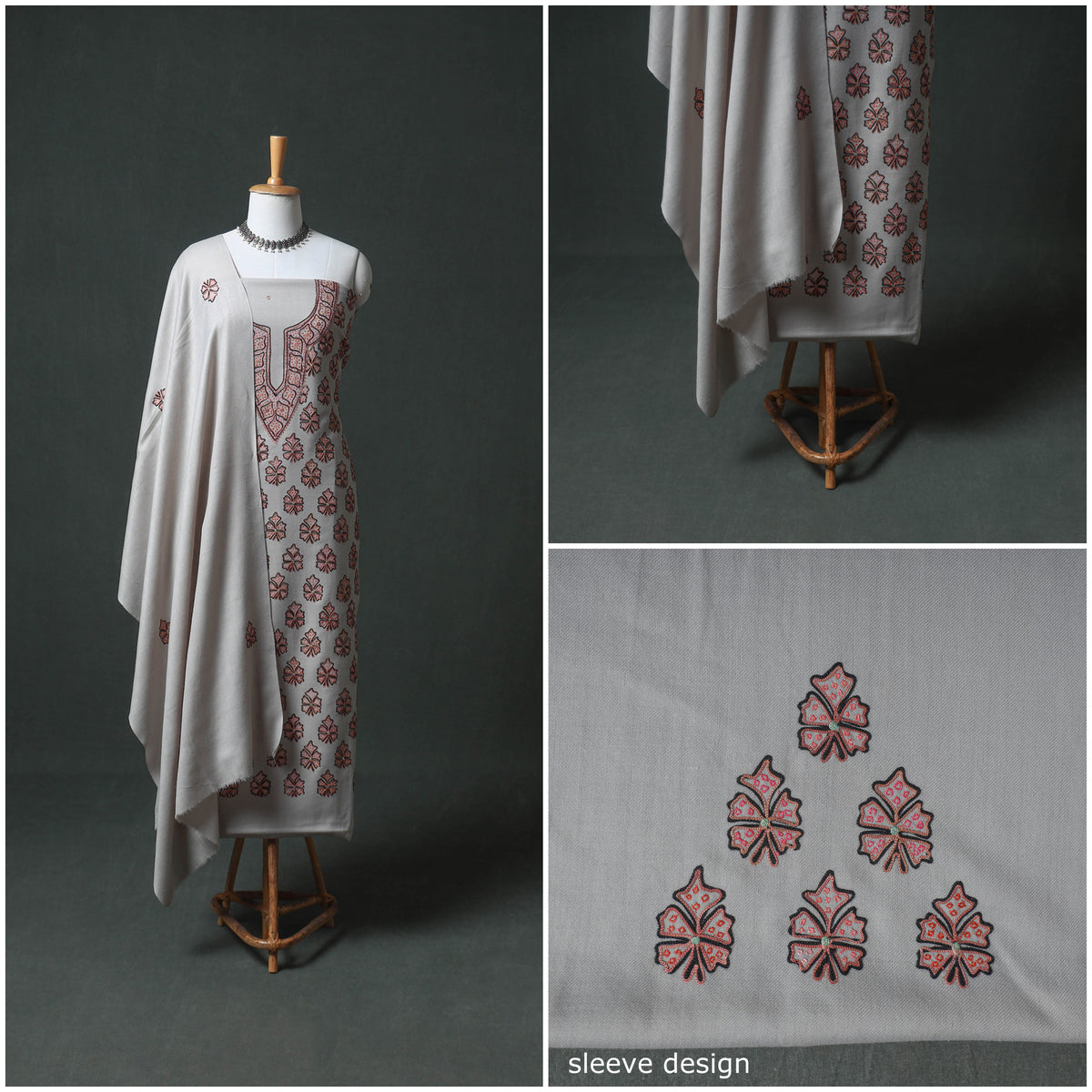 Kashmiri Aari Hand Embroidered Pure Merino Wool Unstitched Dress Material: Kurta, Bottom with Dupatta 17