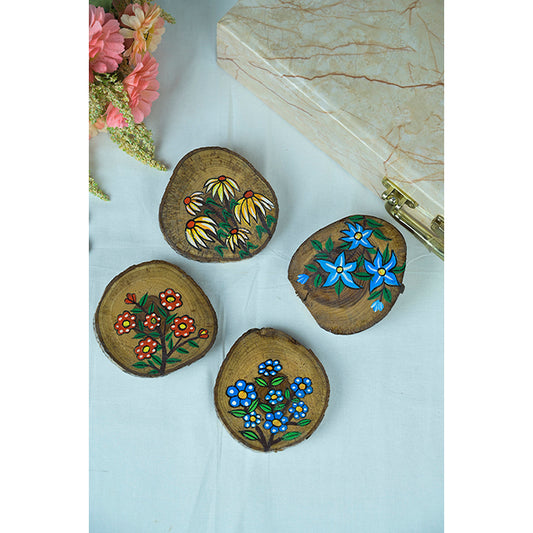 Teak Wood Handpainted Blossom Coasters- Set of 4