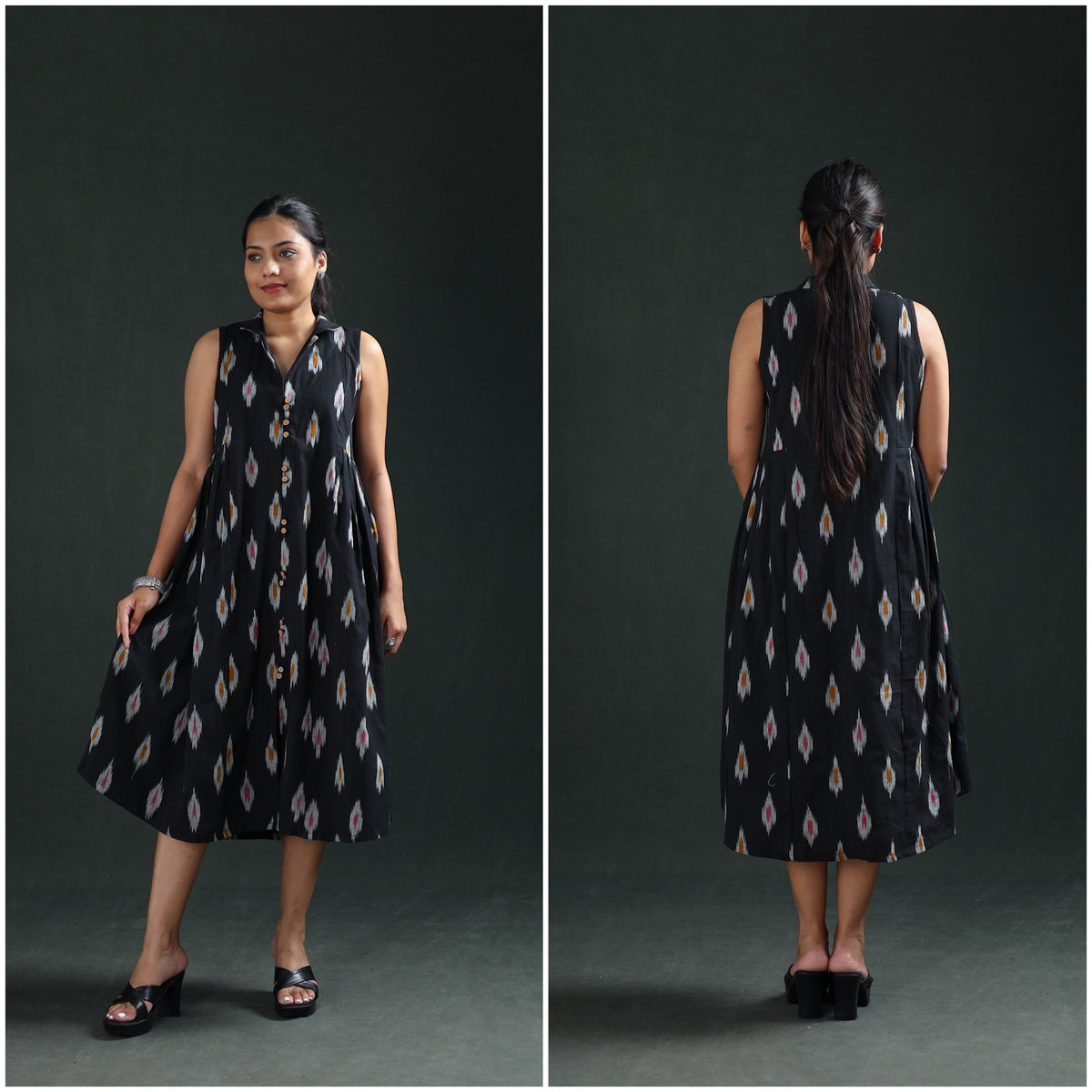 Pochampally Ikat Cotton Sleeveless Buttoned Down Long Dress for Women 12