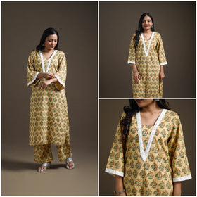 Yellow - floral sanganeri print cotton lace work straight