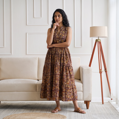 Pedana Kalamkari Hand Block Print Cotton Sleeveless Tiered Long Dress for Women 21