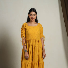 Buy Tiered Fit & Flare Cotton Yellow Jacquard Dress Online