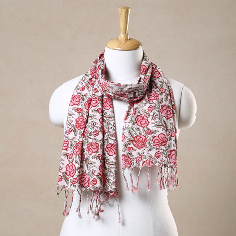 Pink - Sanganeri Block Printed Cotton Stole with Tassels