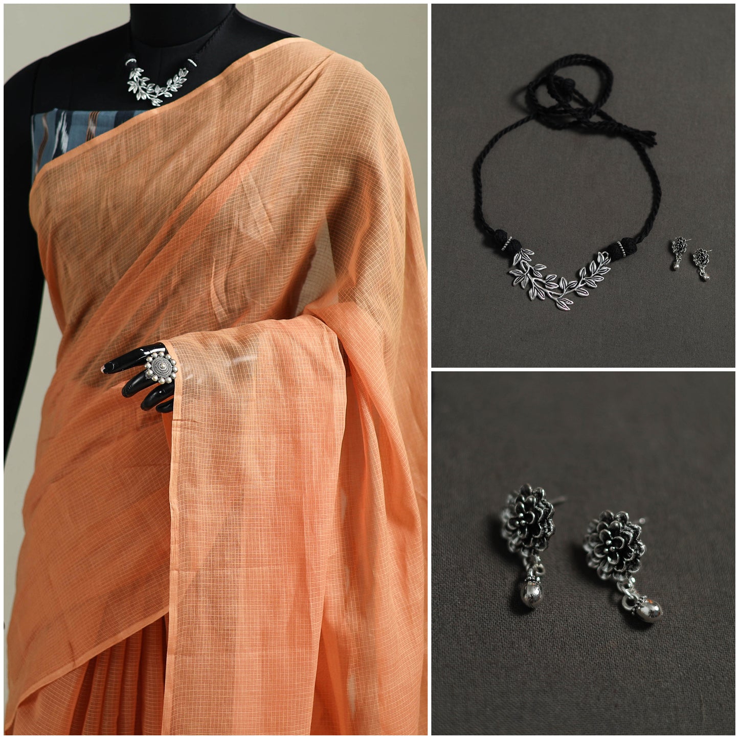 Peach - Nazaakat Kota Doria Cotton Plain Saree with Blouse & Jewellery Set 135