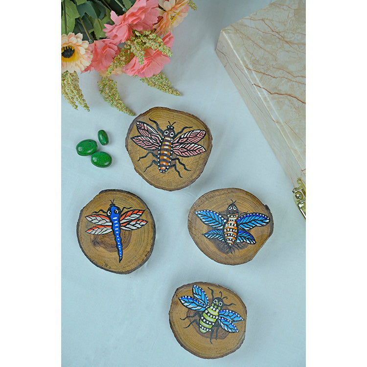 Teak Wood Handpainted Flies Coasters- Set of 4