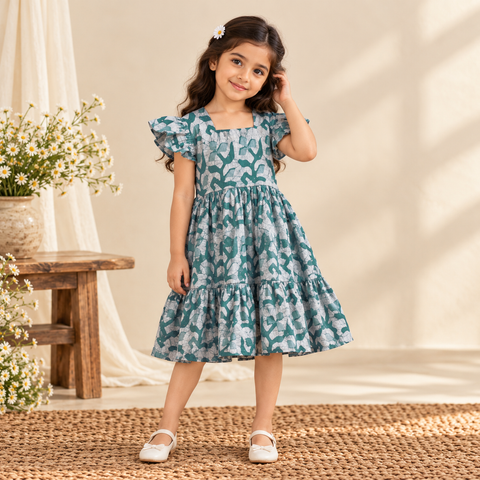 Pure Cotton Girls Tiered Frock Dress in Batik Block Prints (3-4 Years) 13