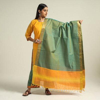 Yellow - Mangalagiri Handloom Cotton Kurta with Palazzo & Dupatta Set