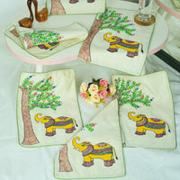 Madhubani Handpainted Chanderi Table Runner & Table Mats Set