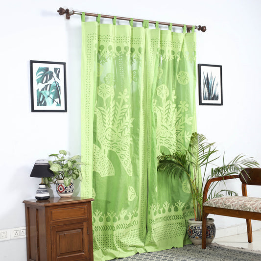 Green - Applique Peacock Cutwork Cotton Door Curtain from Barmer (7 x 3.5 feet) (single piece)
