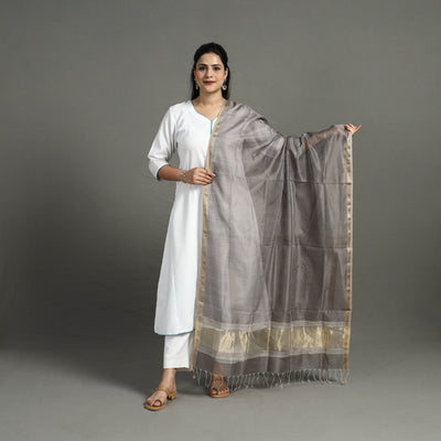 Grey - Handloom Silk Cotton Zari Work Maheshwari Dupatta 01