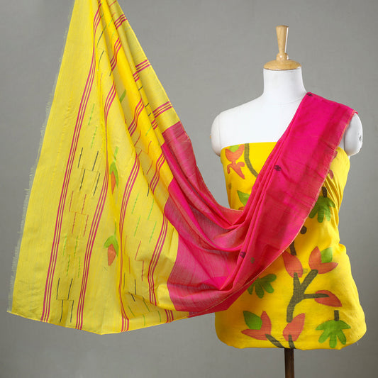 Yellow - 3pc Phulia Jamdani Weave Handloom Silk Cotton Suit Material Set