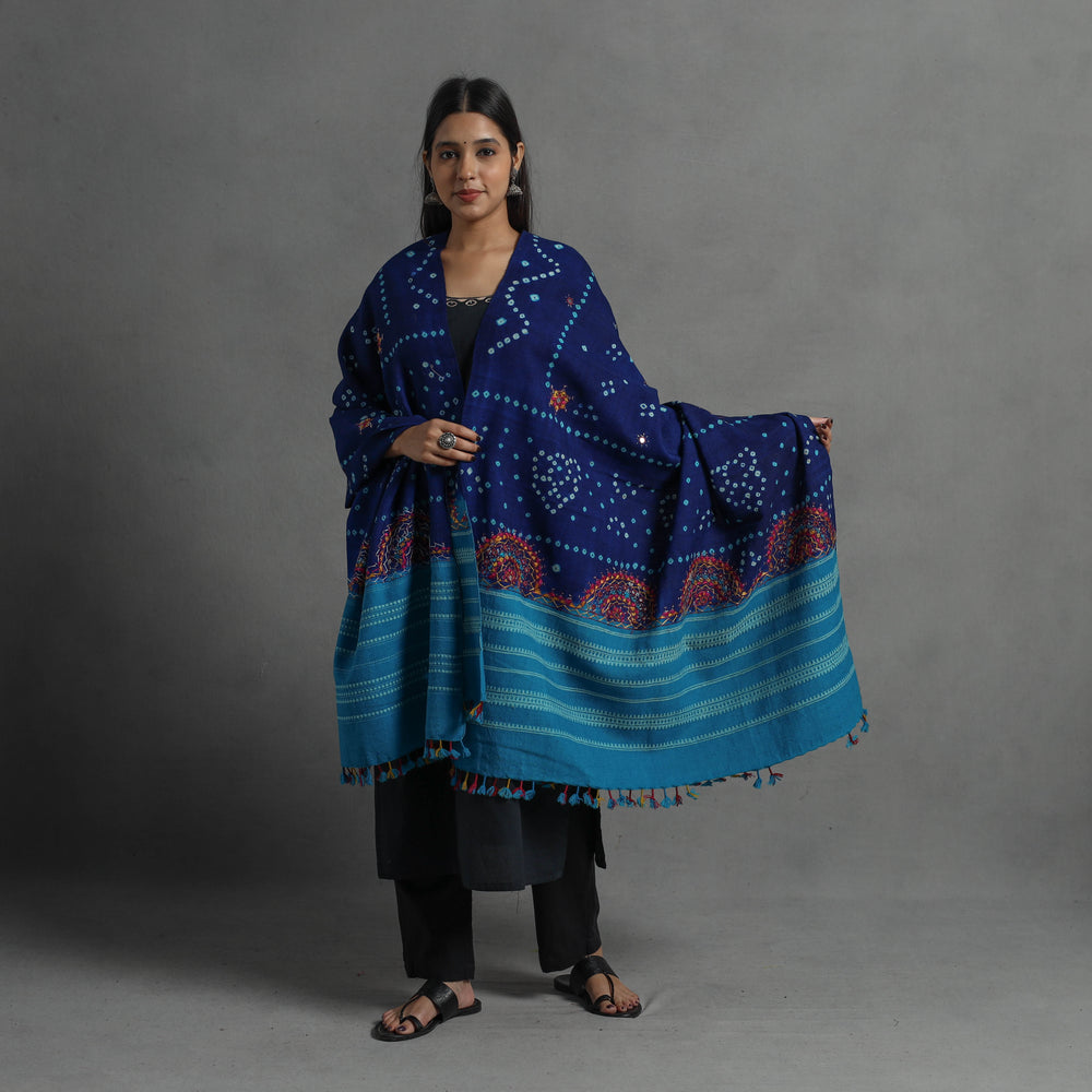 Blue - Handwoven Merino Wool Bandhani Shawl w/ Neran Embroidery 28