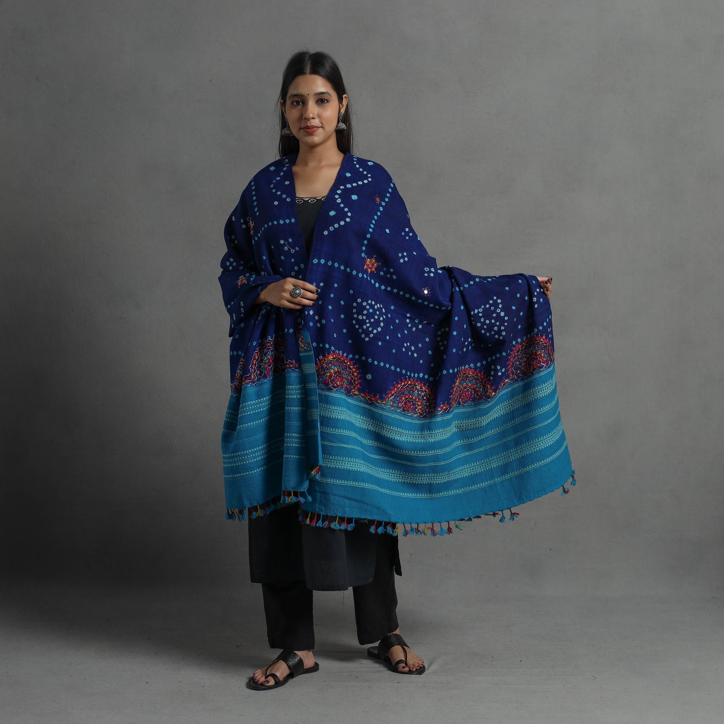 Blue - Handwoven Merino Wool Bandhani Shawl w/ Neran Embroidery 28