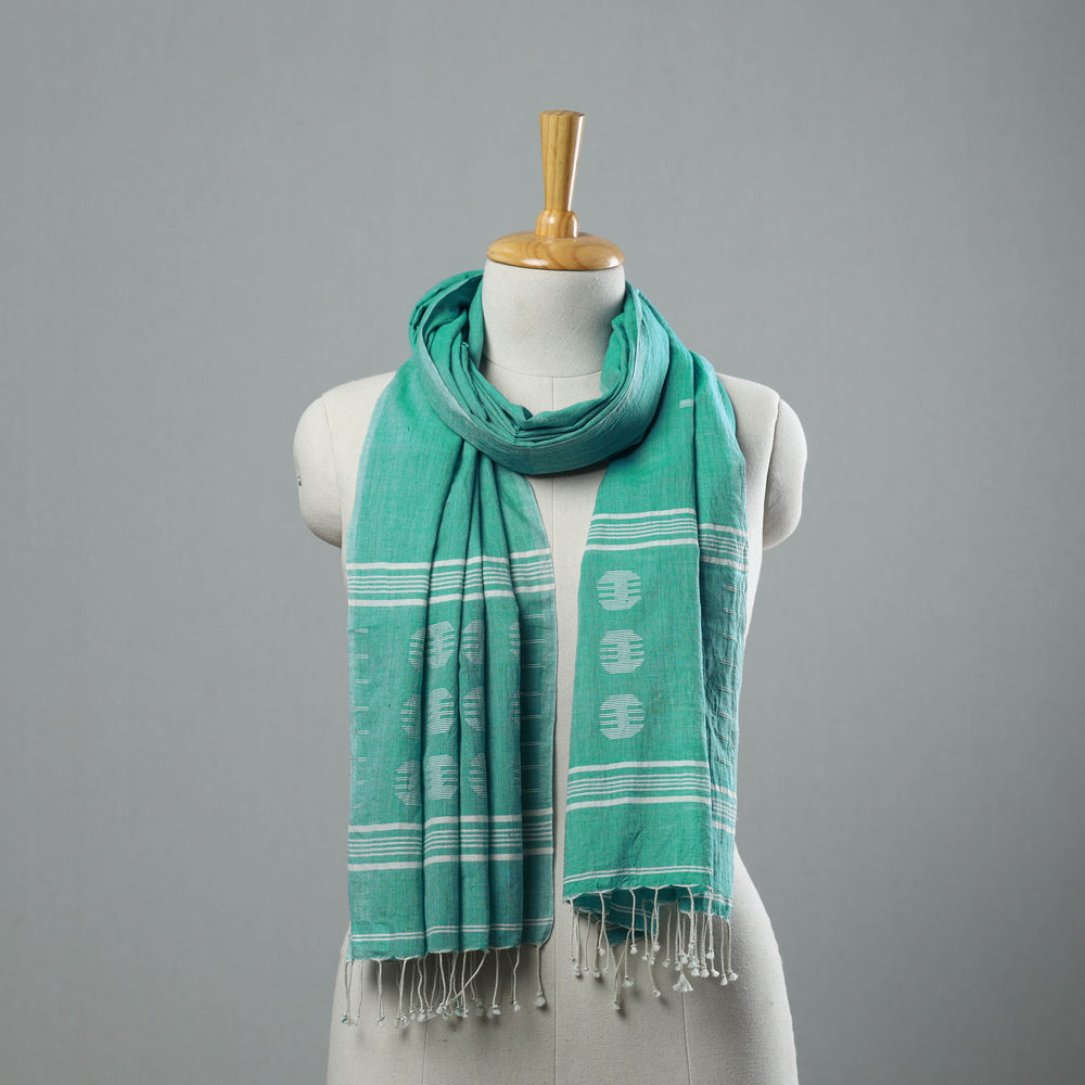 Green - Burdwan Jamdani Cotton Handloom Stole with Tassels 29