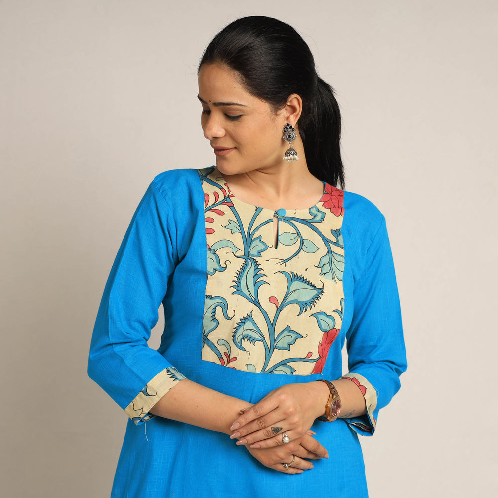 Deep Sky Blue - Srikalahasti Kalamkari Patchwork Plain Cotton Long Straight Kurta