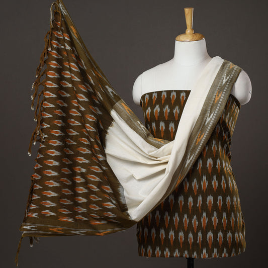 Brown - 3pc Pochampally Ikat Weave Handloom Cotton Suit Material Set 04