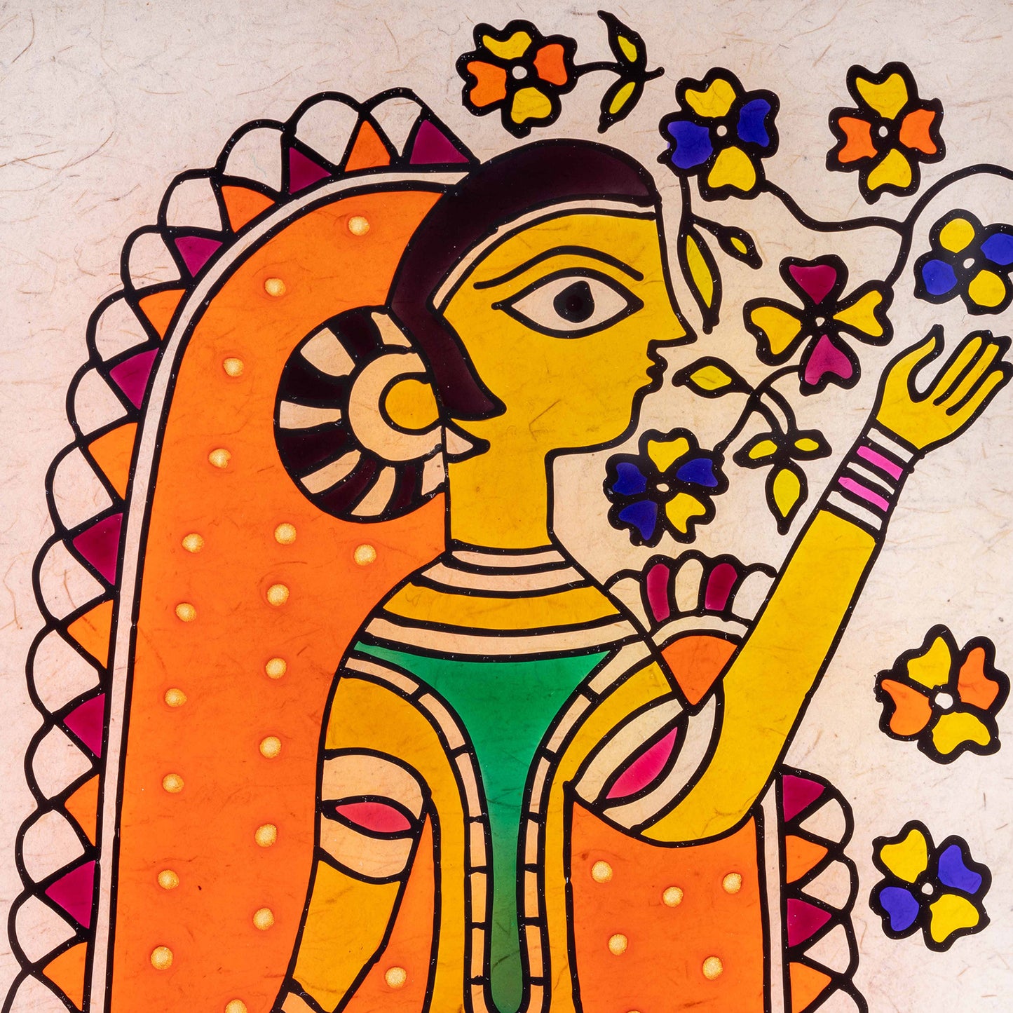 Bhavati - Hand-Painted Glass Fusion Madhubani Lady Wall Art Frame