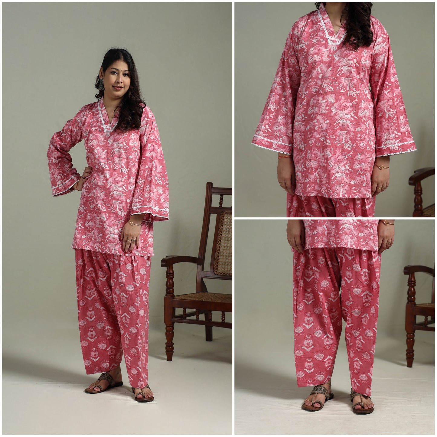 Sanganeri Hand Block Print Cotton Lace Work Short Kurta with Farshi Salwar Set for women 01