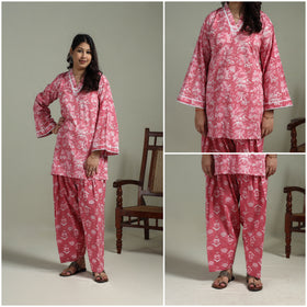 Sanganeri Hand Block Print Cotton Lace Work Short Kurta with Farshi Salwar Set for women 01