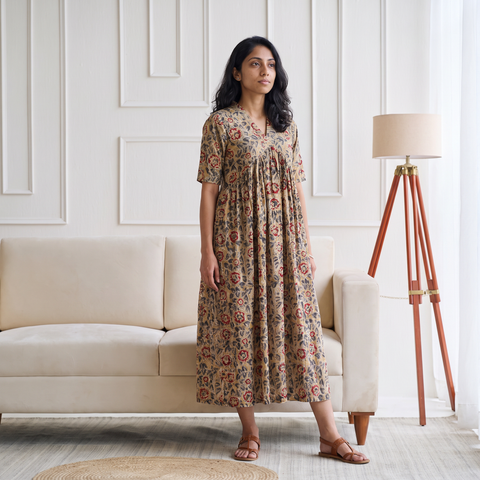 Pedana Kalamkari Hand Block Print Cotton Flared Long Dress for Women 10