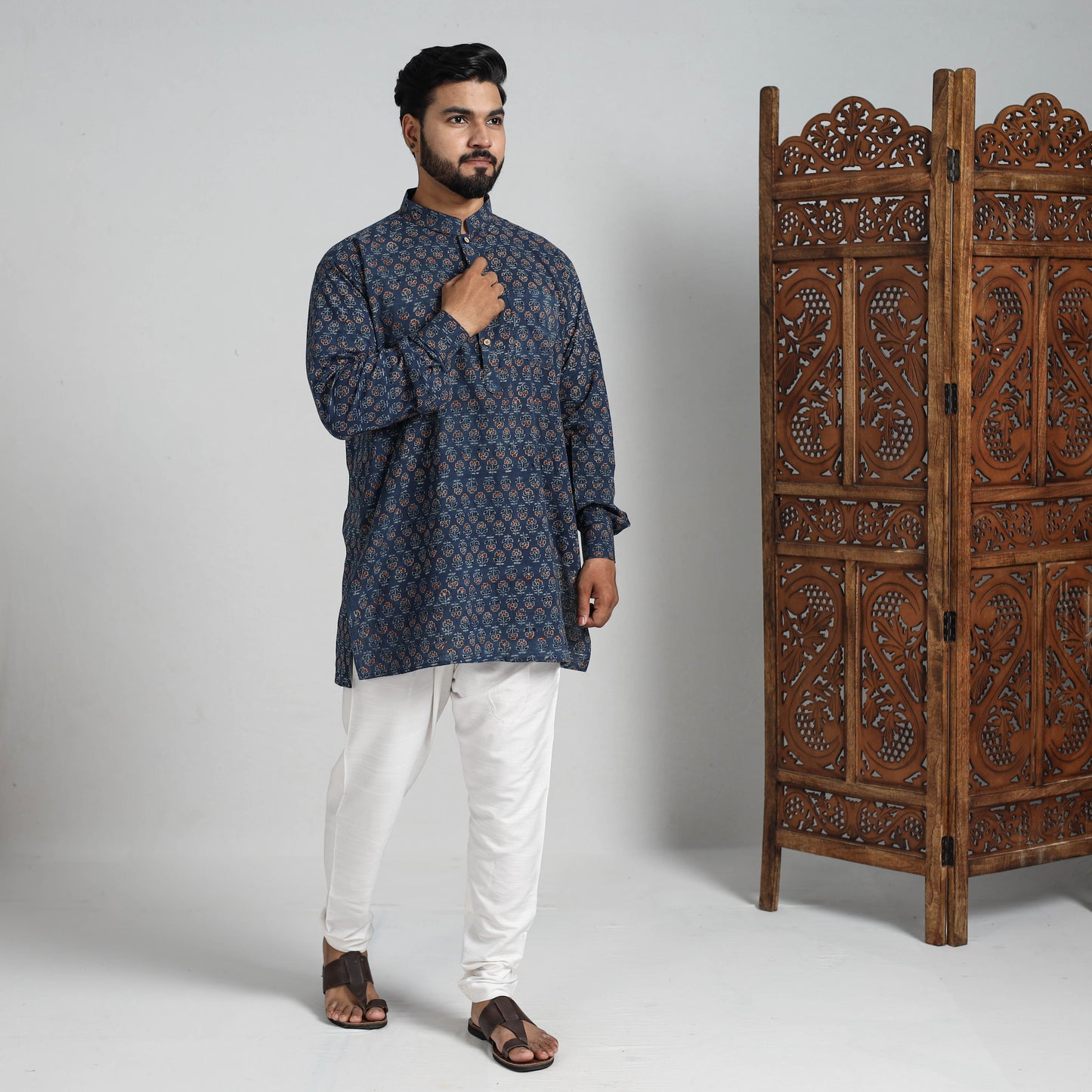 Ajrakh Block Printed Cotton Men Short Kurta 04