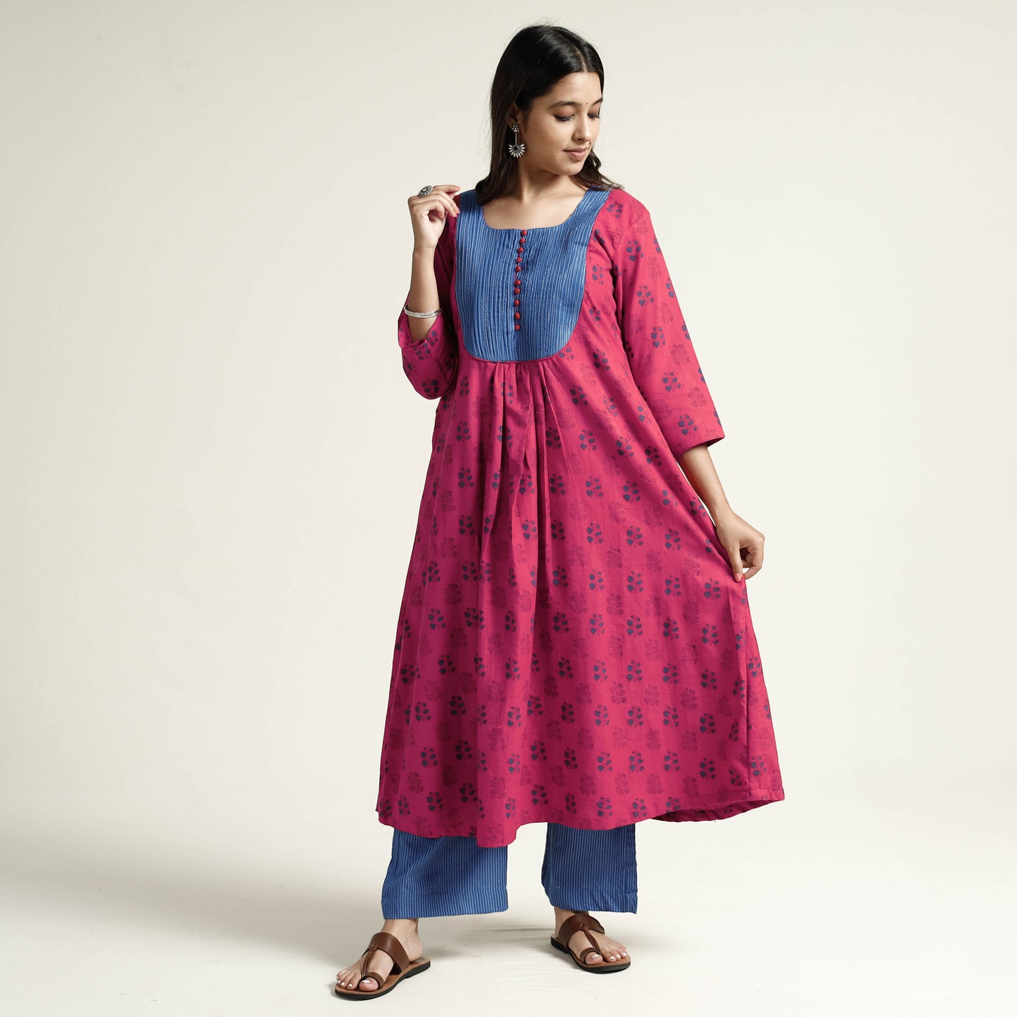 Red - Mangalagiri Block Printed Cotton Kurta with Palazzo Set