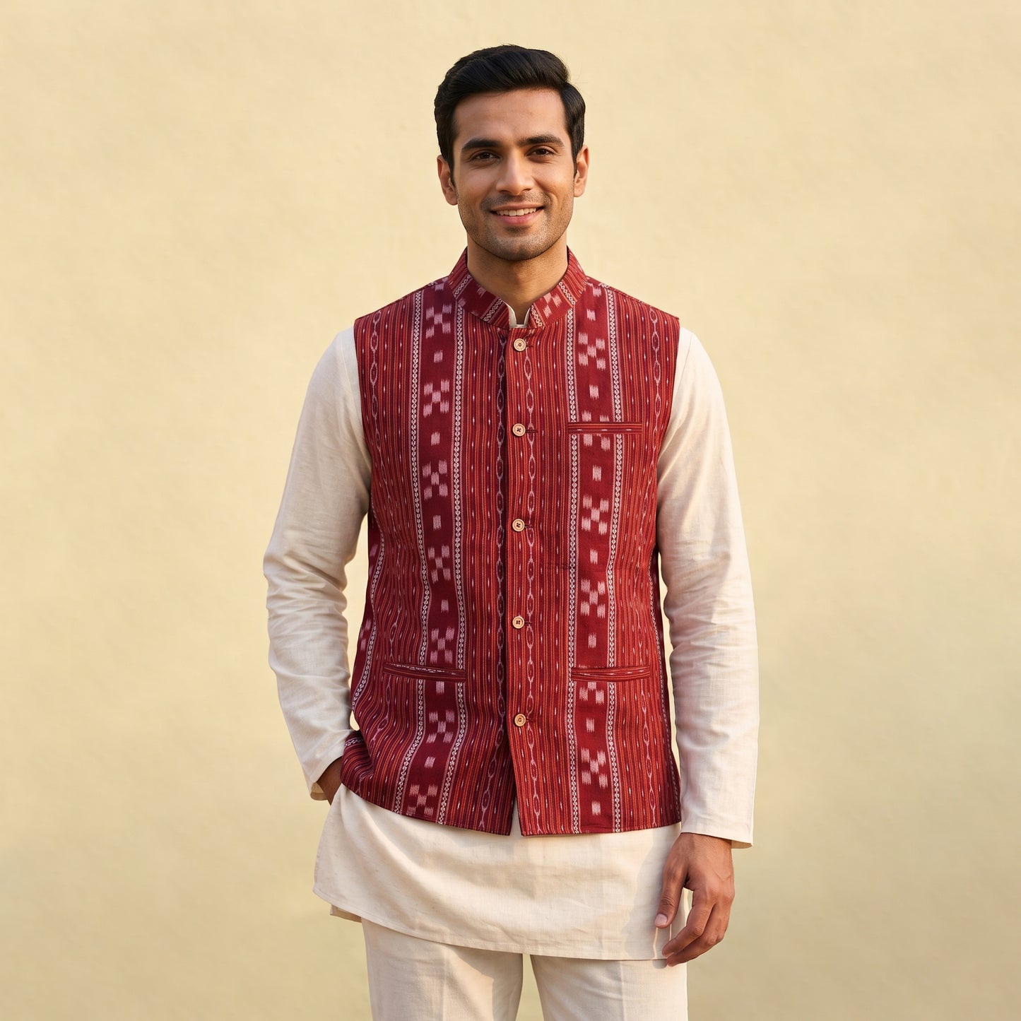 Sambalpuri Ikat Weave Cotton Men Nehru Jacket 14