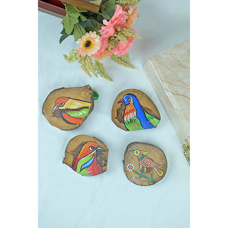 Teak Wood Handpainted Birdie Coasters- Set of 4