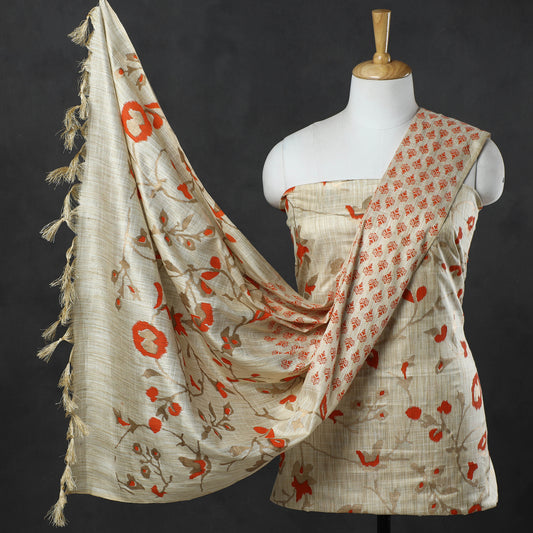 3pc Gold Block Printed Silk Cotton Handloom Suit Material Set 01