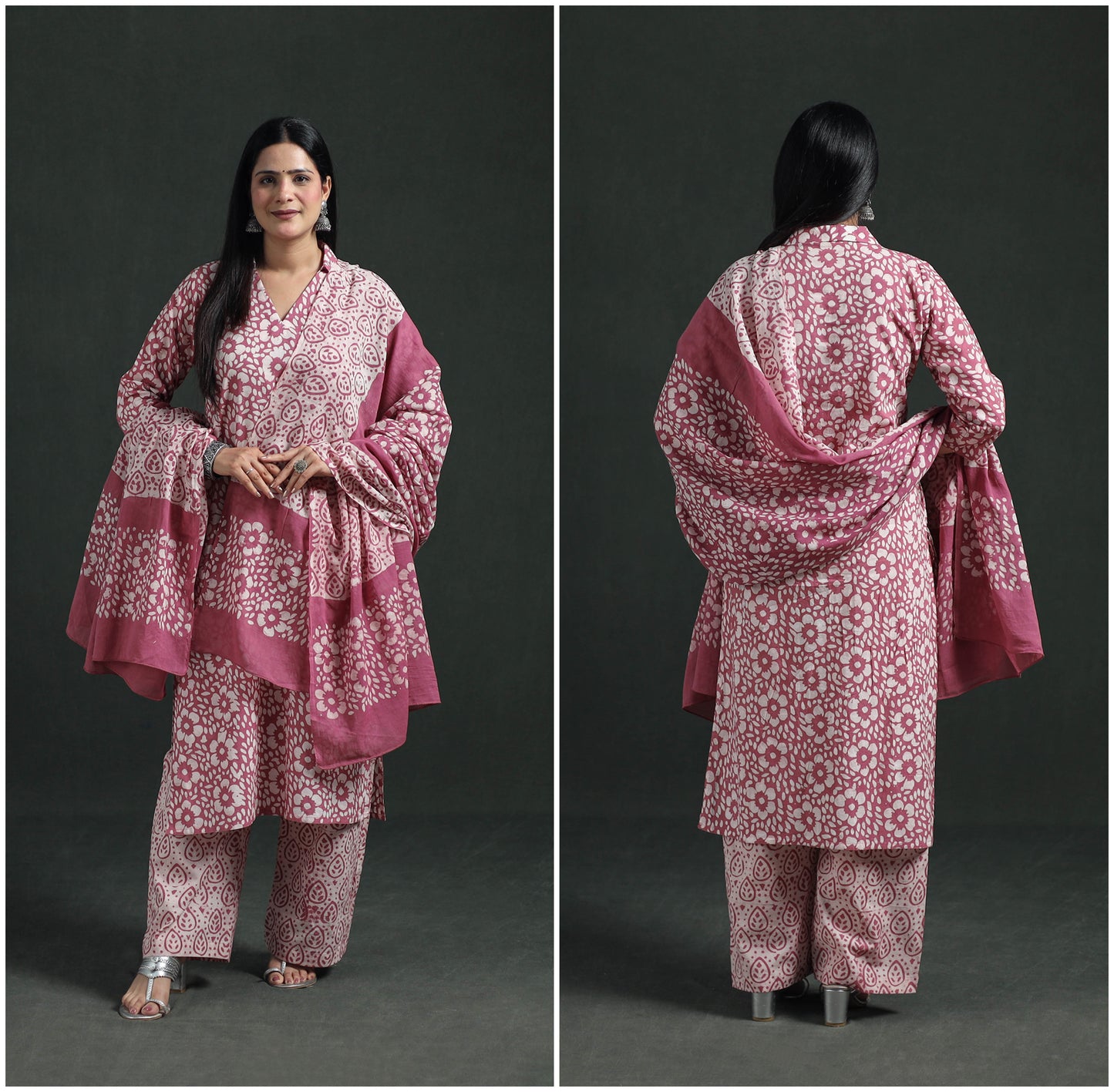 Hand Batik Print Cotton Suit Set with Dupatta for Women 13