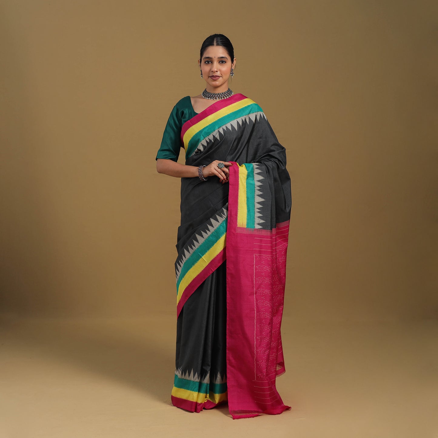 Black - Handspun Handloom Tussar Silk Pochampally Ikat Saree 01