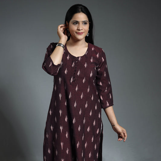 Maroon - Pochampally Ikat Weave Cotton Long Straight Kurta