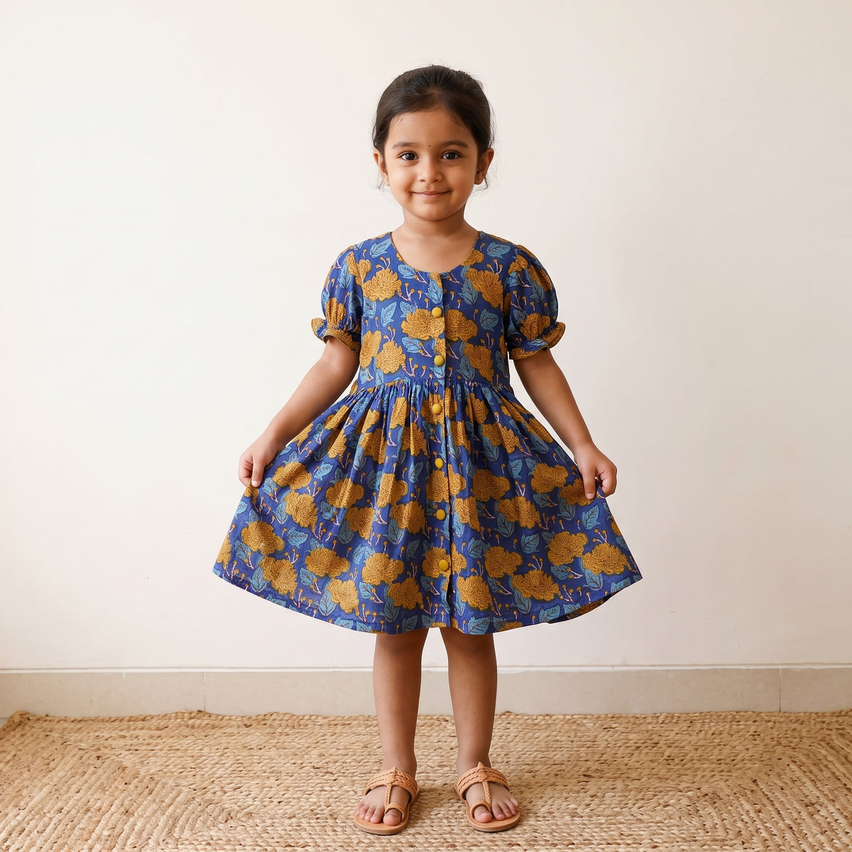 Blue - pure cotton girls frock dress in sanganeri floral