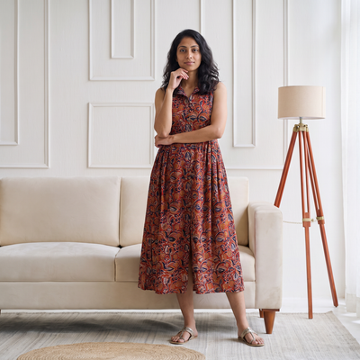 Pedana Kalamkari Hand Block Print Cotton Sleeveless Buttoned Down Long Dress for Women 18