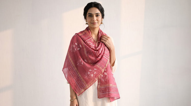 Handloom Chanderi Silk Stoles in Akola Block Printing