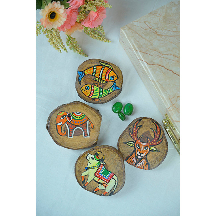 Teak Wood Handpainted Wilderness Coasters- Set of 4