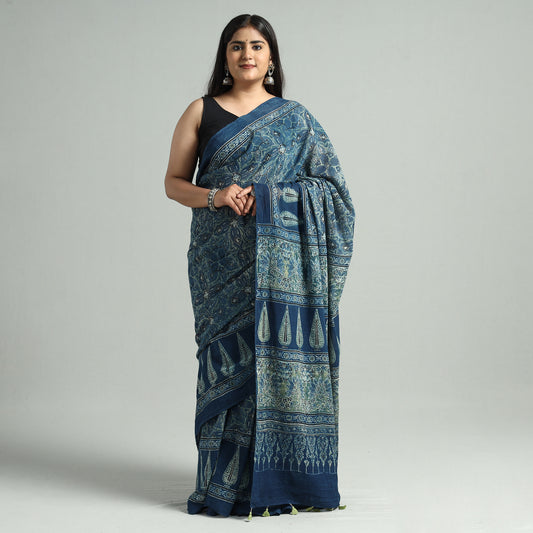 Blue - Ajrakh Block Printed Cotton Natural Dyed Saree with Tassels 01
