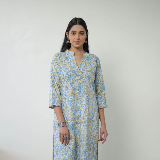 Grey - Block Print Cotton Straight Sanganeri Kurta 04