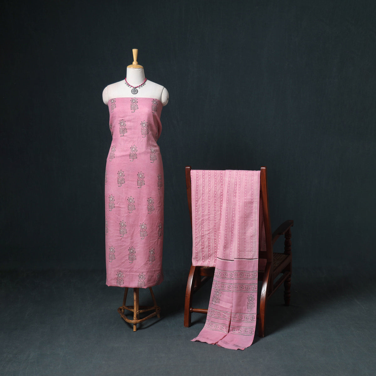 Akola Hand Block Print Woolen Unstitched Dress Material: Kurta, Bottom with Dupatta 03
