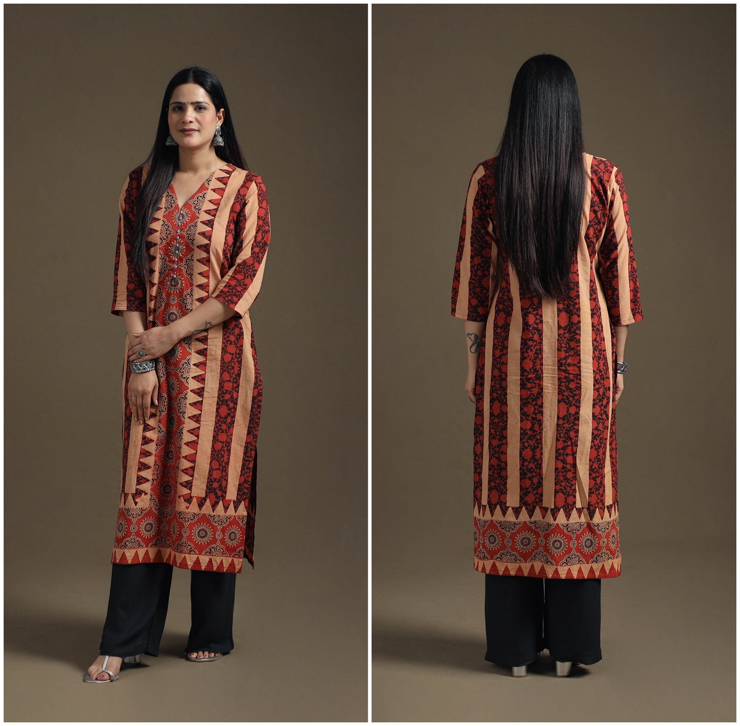 Hand Block Print Cotton Straight Long Ajrakh Kurta for Women 02