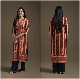 Hand Block Print Cotton Straight Long Ajrakh Kurta for Women 02
