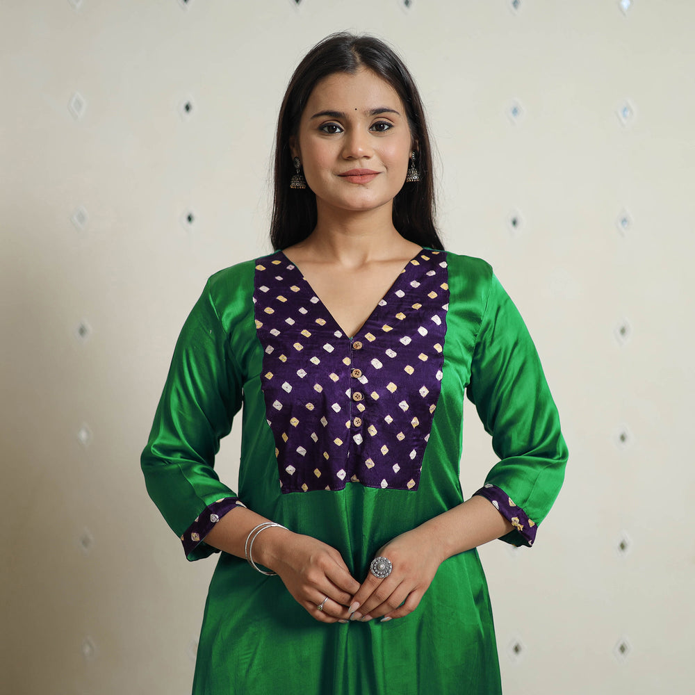 Green - Plain Modal Silk A-Line Kurta with Bandhani Patchwork 07