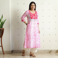 Pink - Kutch Batik Printed Cotton A-Line Kurta