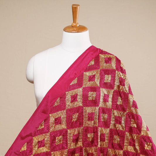 Pink - Traditional Phulkari Embroidered Chinnon Fabric