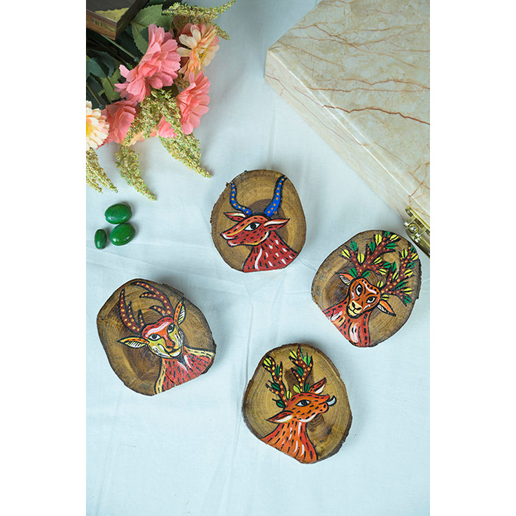 Teak Wood Handpainted Reindeer Coasters- Set of 4